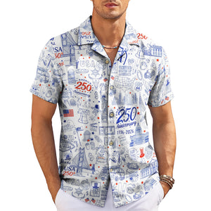 White Hawaiian shirt with blue USA landmark doodle pattern variant 3