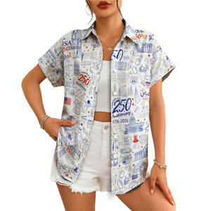 White Hawaiian shirt with blue USA landmark doodle pattern variant 4