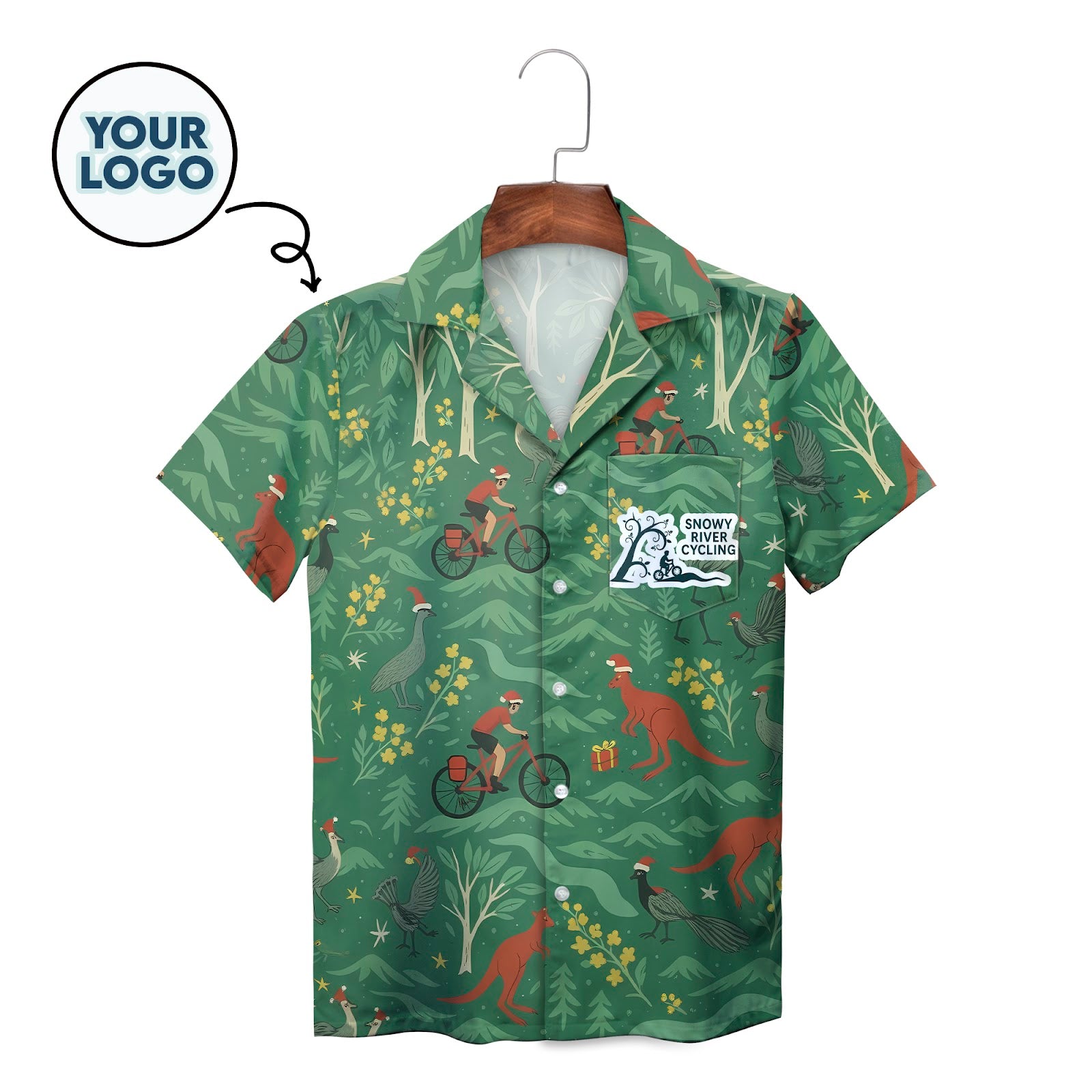 Green Hawaiian shirt with cycling kangaroo wattle Christmas print
