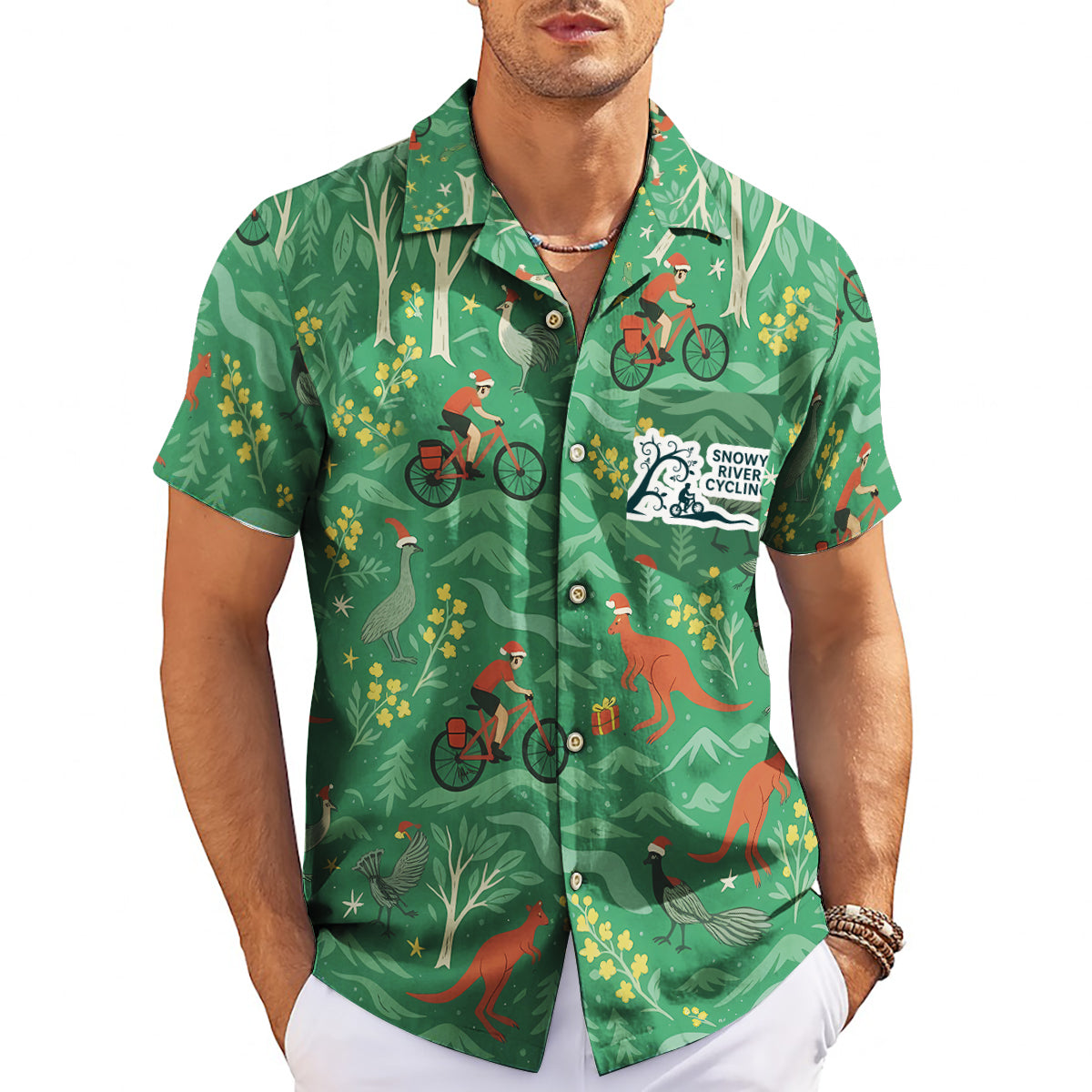 Green Hawaiian shirt with cycling kangaroo wattle Christmas print variant 3