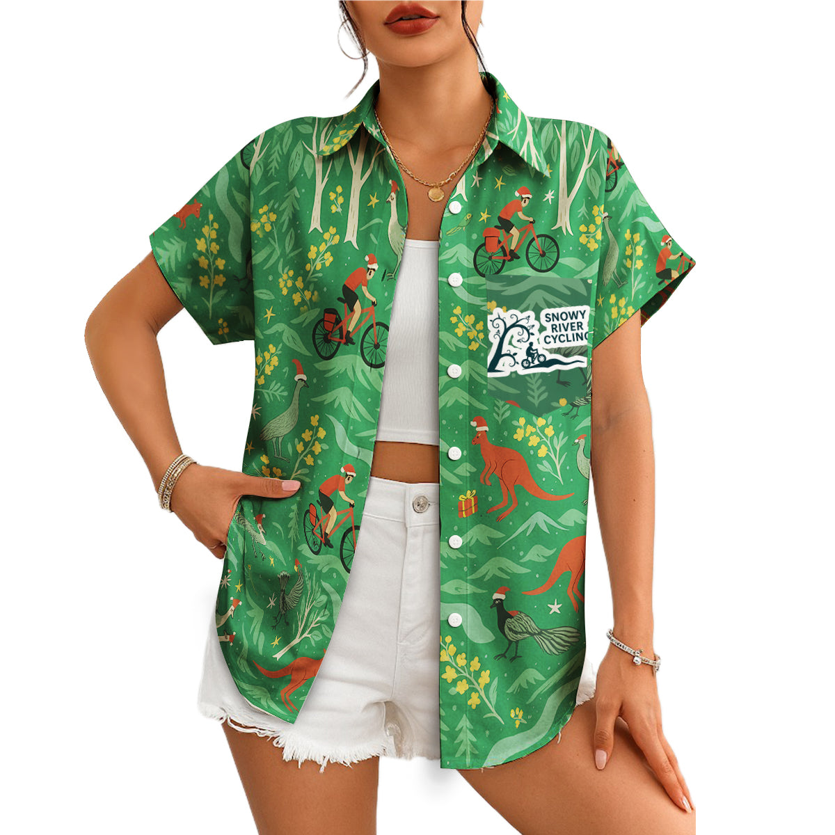 Green Hawaiian shirt with cycling kangaroo wattle Christmas print variant 4