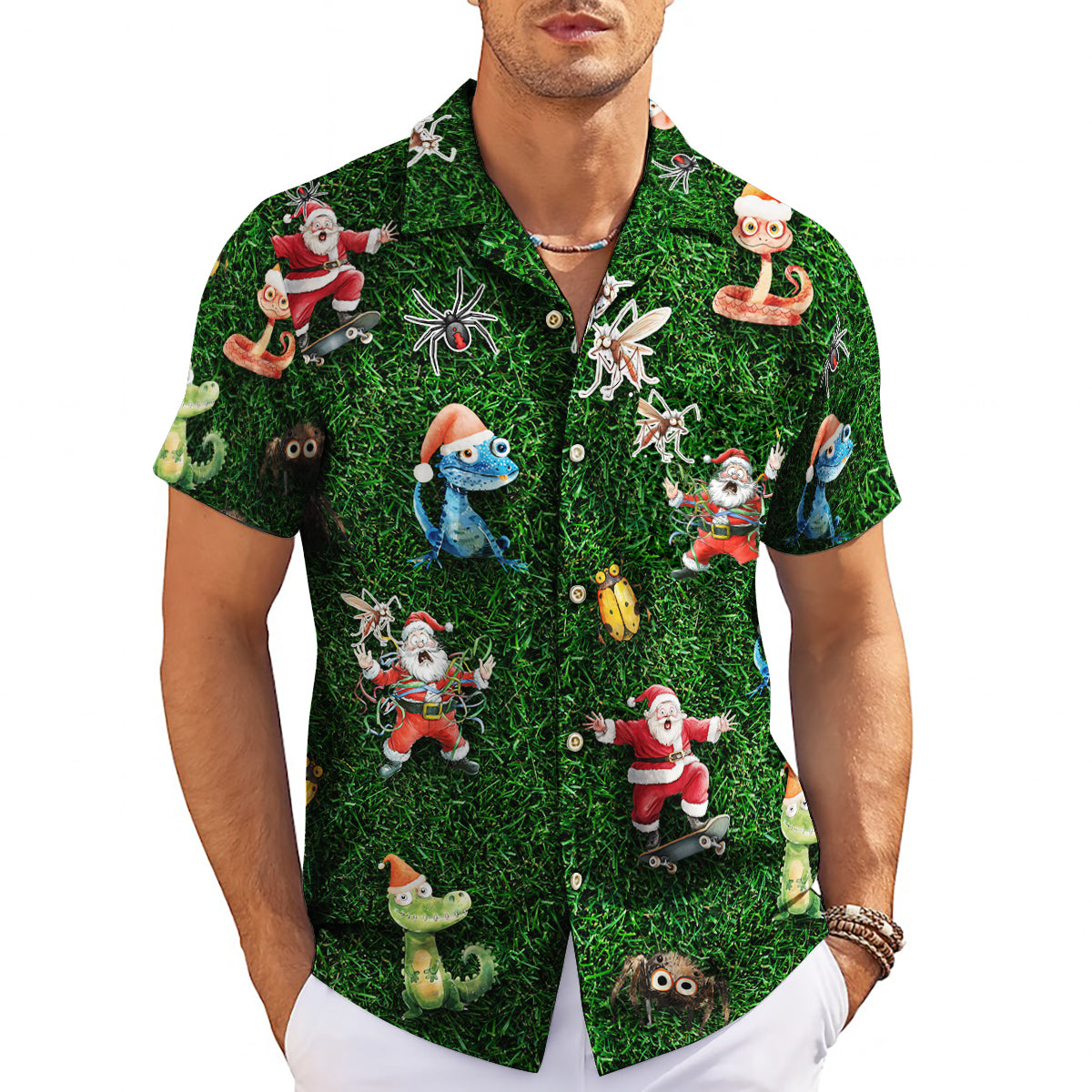 Green grass Hawaiian shirt with skateboarding Santas and Australian animals variant 3