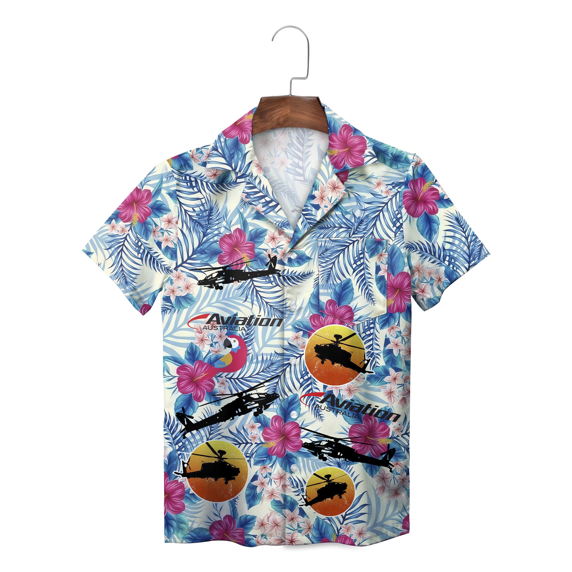 Tropical floral Hawaiian shirt helicopters sunset parrot print