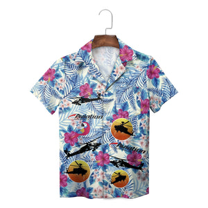 Tropical floral Hawaiian shirt helicopters sunset parrot print