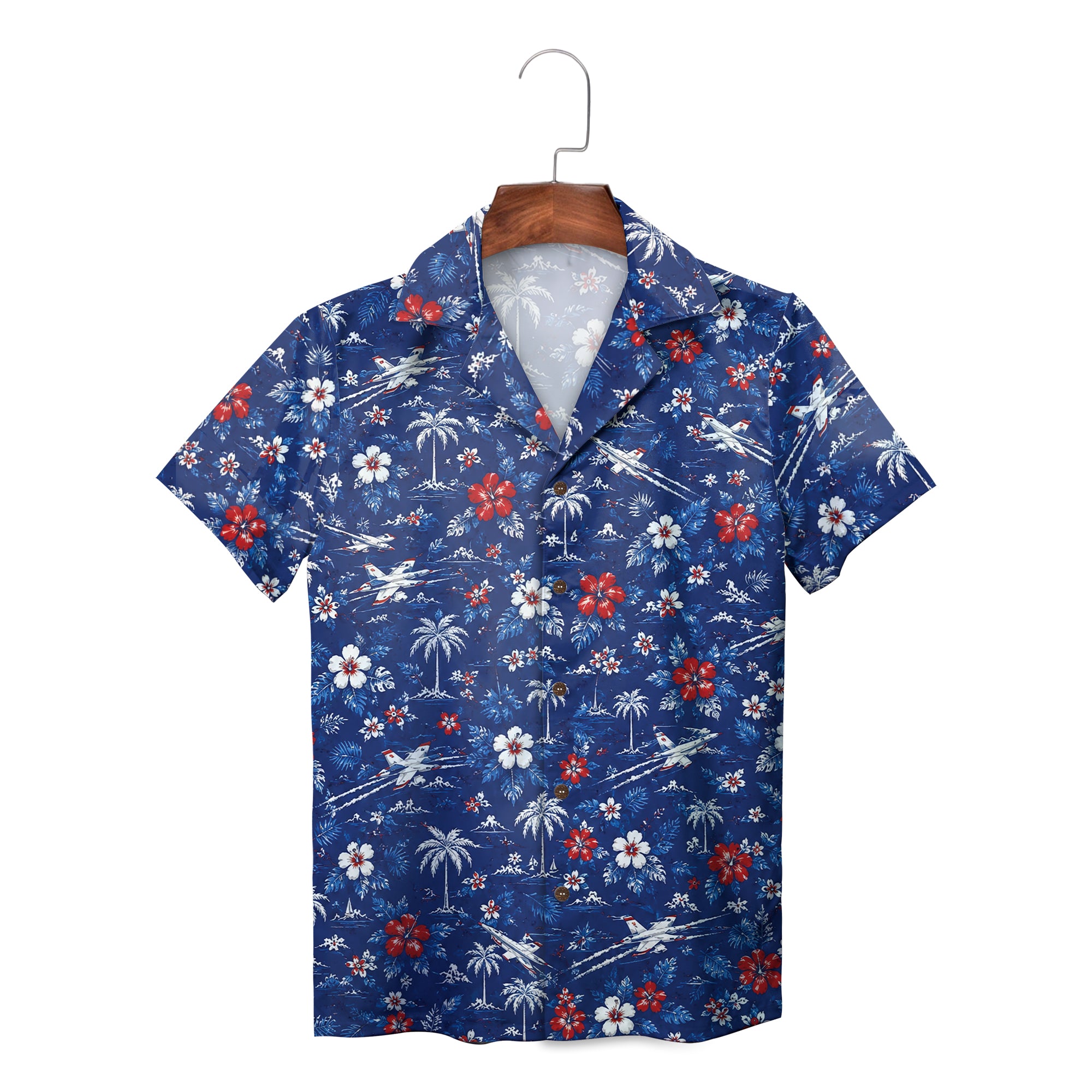 Navy shirt featuring jets, palms, red white blooms