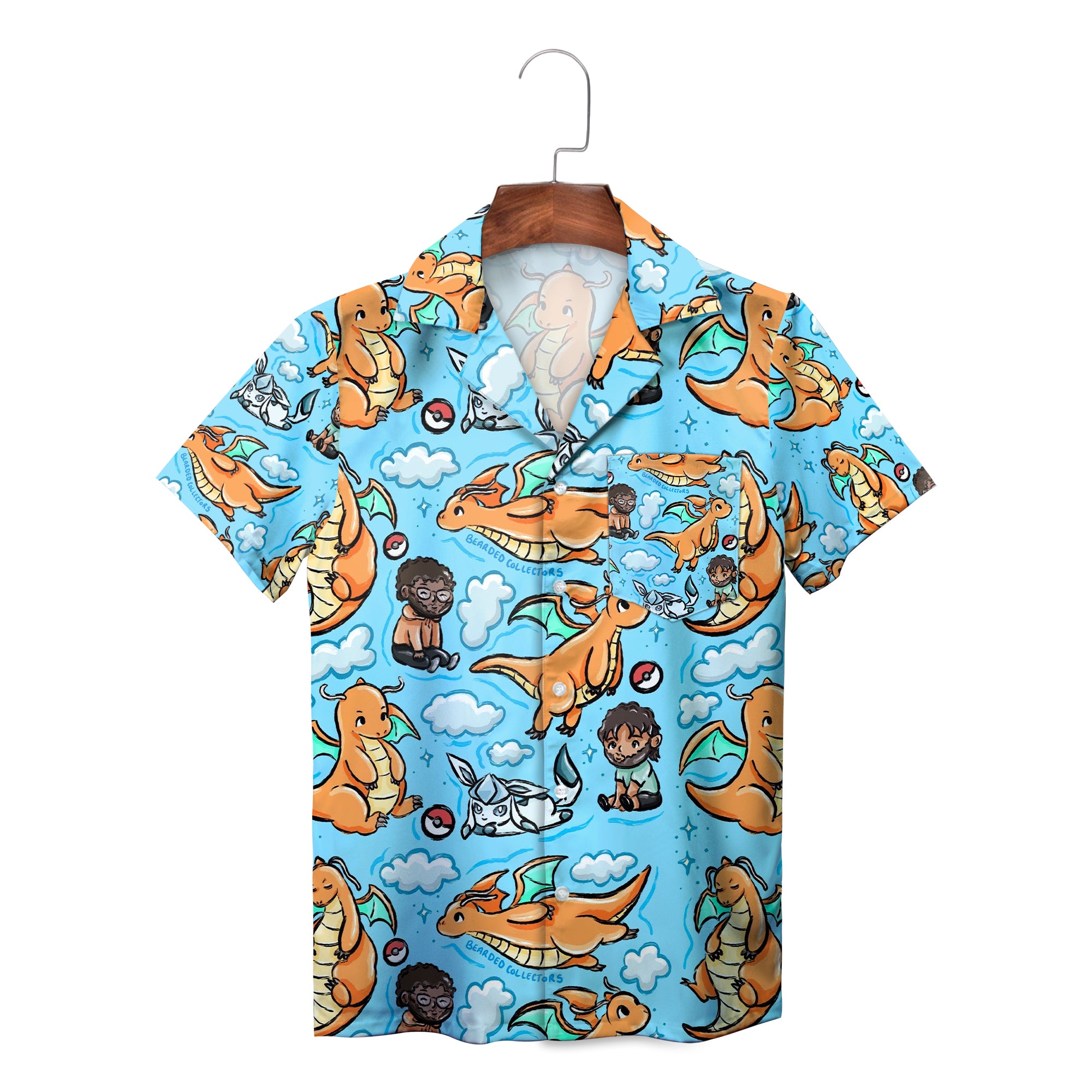 Blue button shirt printed with orange dragons clouds pokeballs