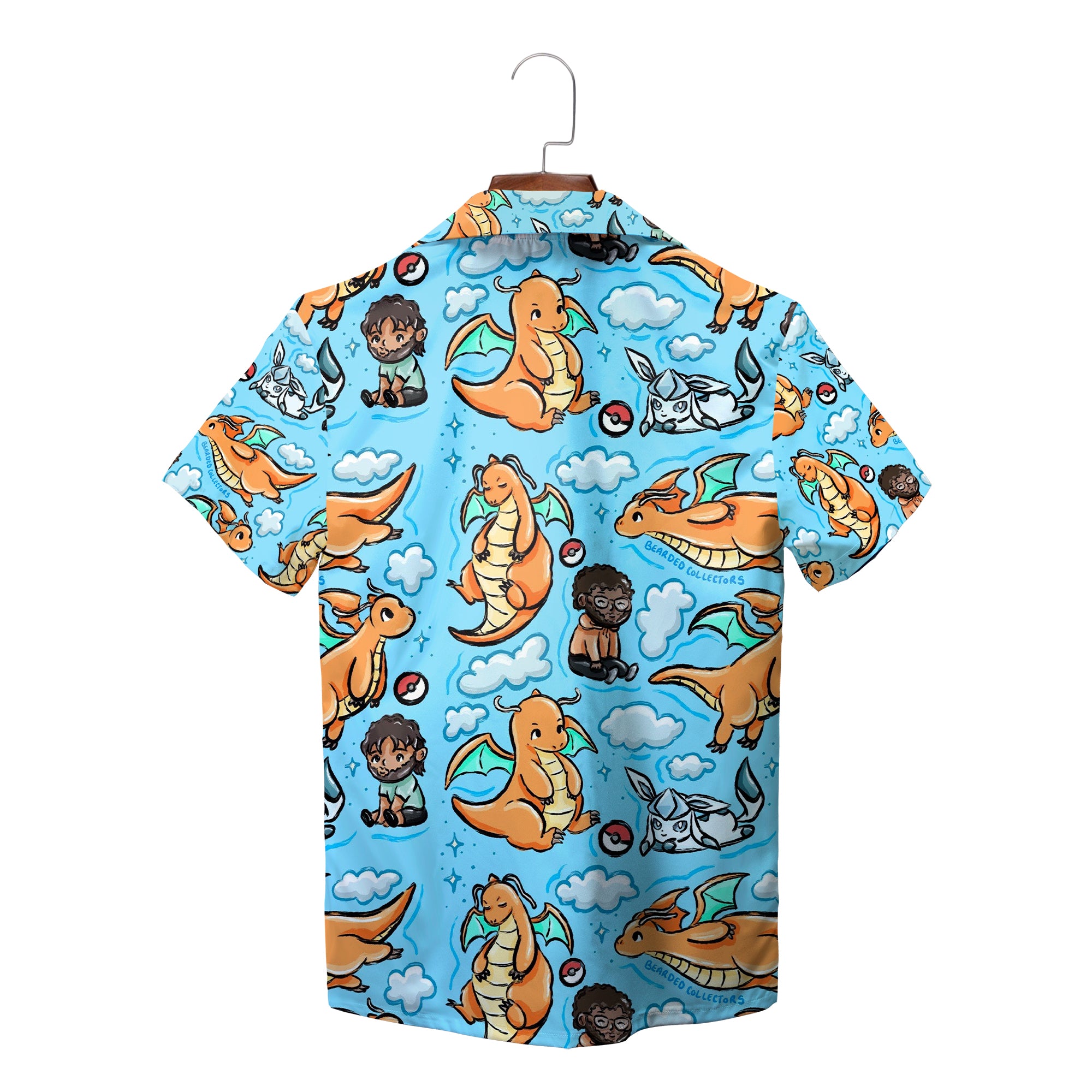 Blue button shirt printed with orange dragons clouds pokeballs variant 2