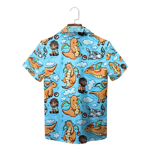 Blue button shirt printed with orange dragons clouds pokeballs variant 2