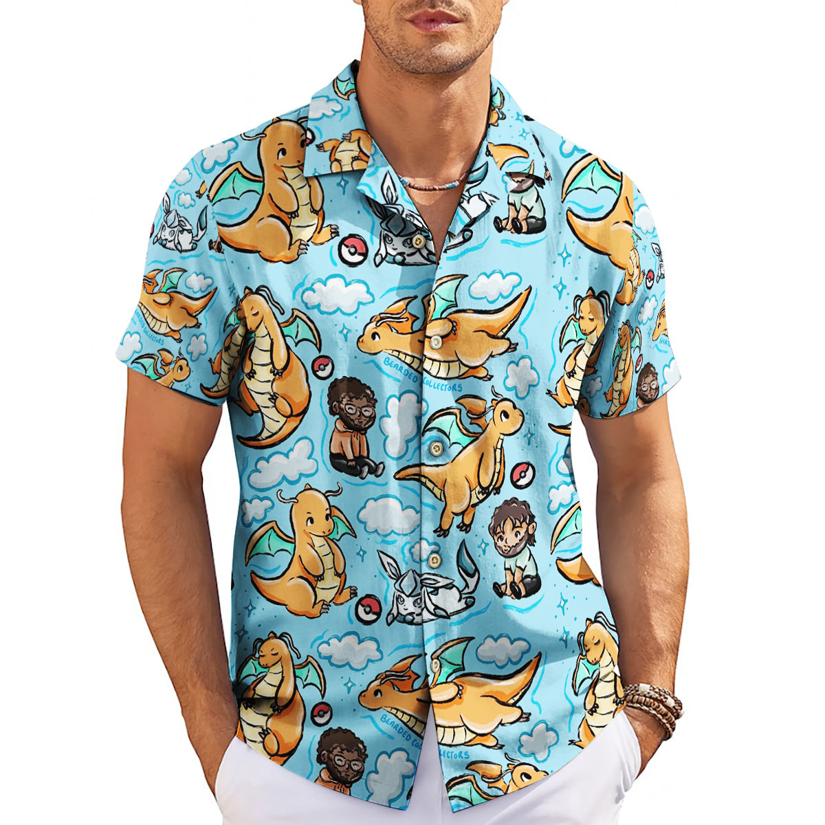 Blue button shirt printed with orange dragons clouds pokeballs variant 3