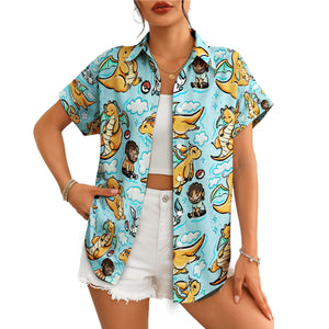Blue button shirt printed with orange dragons clouds pokeballs variant 4