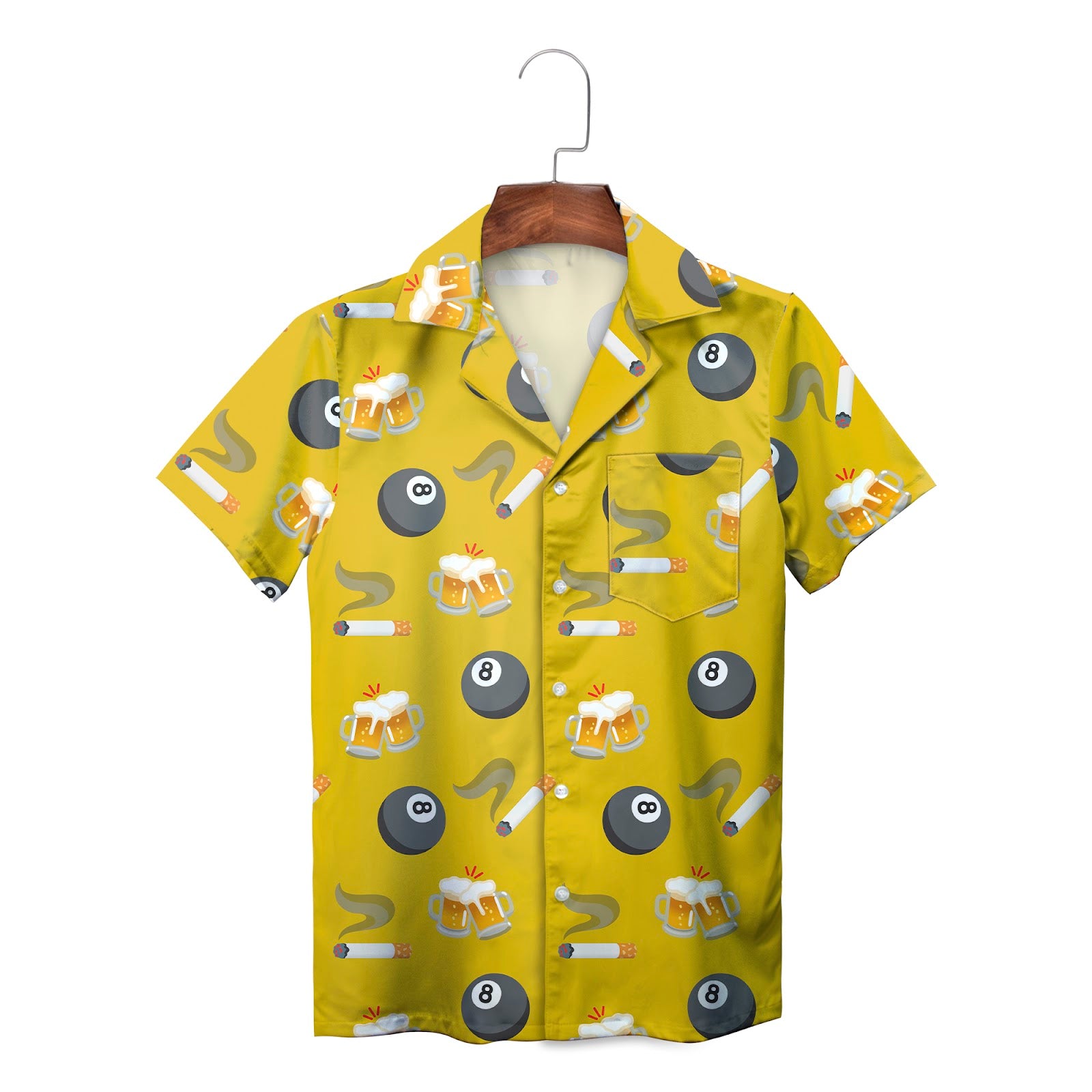 Yellow Hawaiian shirt with 8 ball beer mugs cigarette pattern