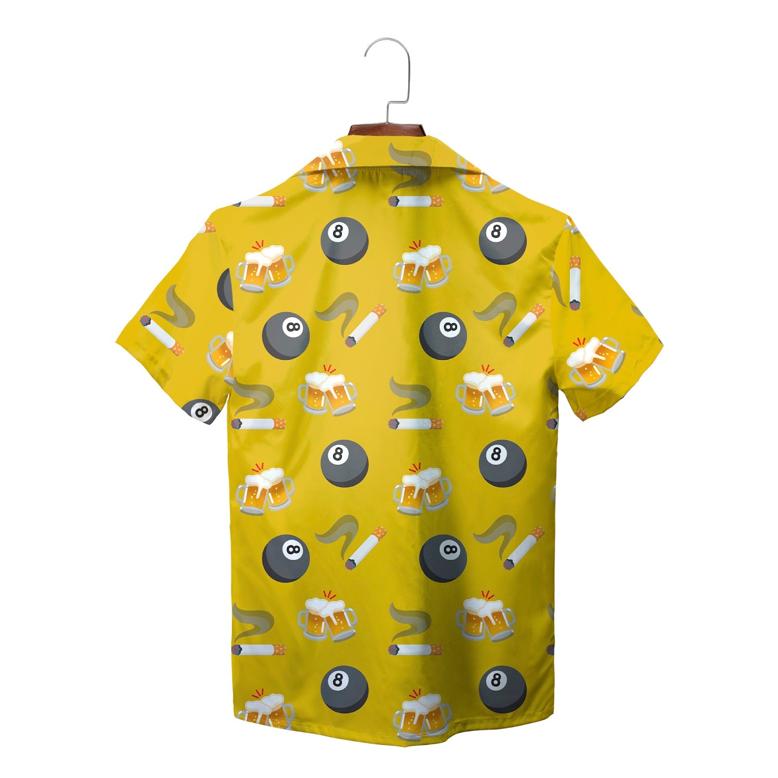 Yellow Hawaiian shirt with 8 ball beer mugs cigarette pattern variant 2