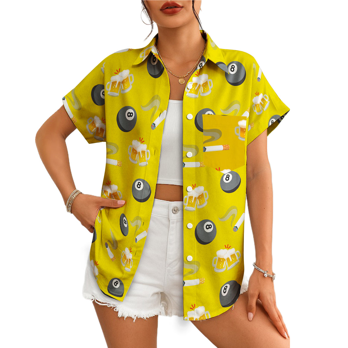 Yellow Hawaiian shirt with 8 ball beer mugs cigarette pattern variant 4
