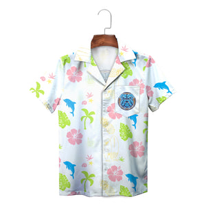White Hawaiian shirt with pink hibiscus dolphins palm trees bulldog pocket badge