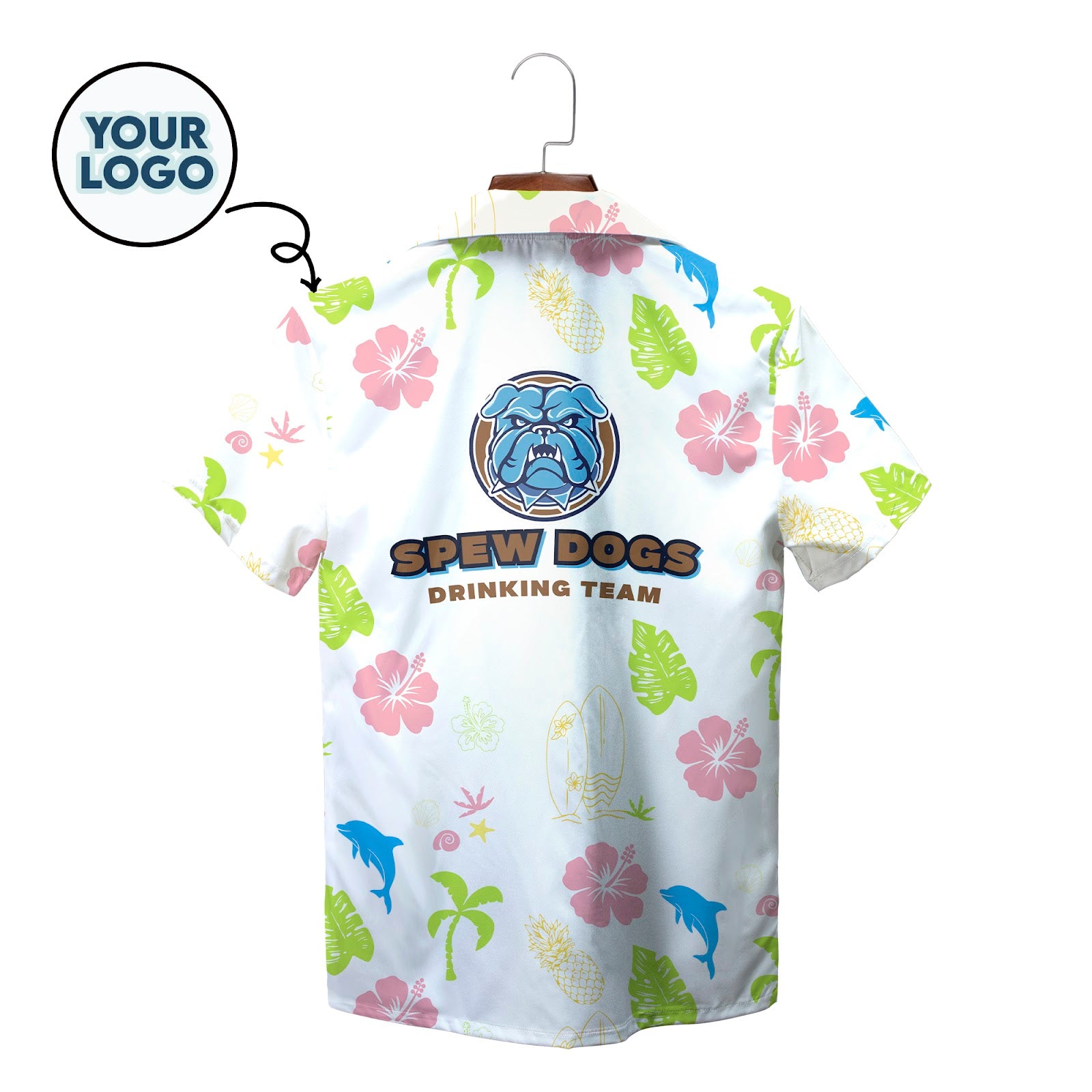 White Hawaiian shirt with pink hibiscus dolphins palm trees bulldog pocket badge variant 2