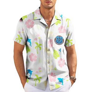 White Hawaiian shirt with pink hibiscus dolphins palm trees bulldog pocket badge variant 3