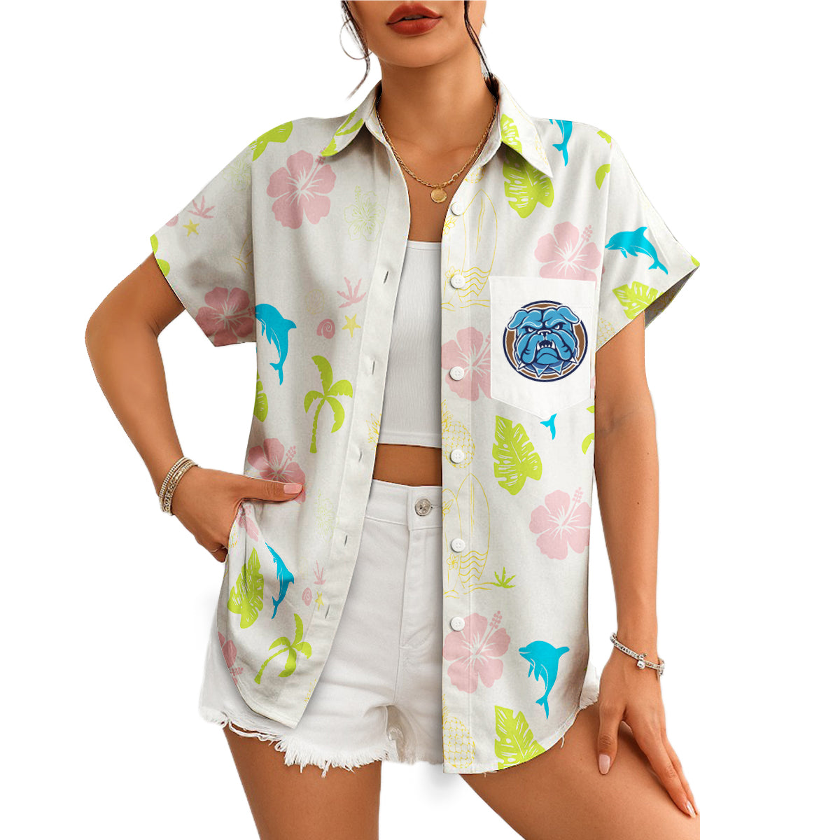 White Hawaiian shirt with pink hibiscus dolphins palm trees bulldog pocket badge variant 4