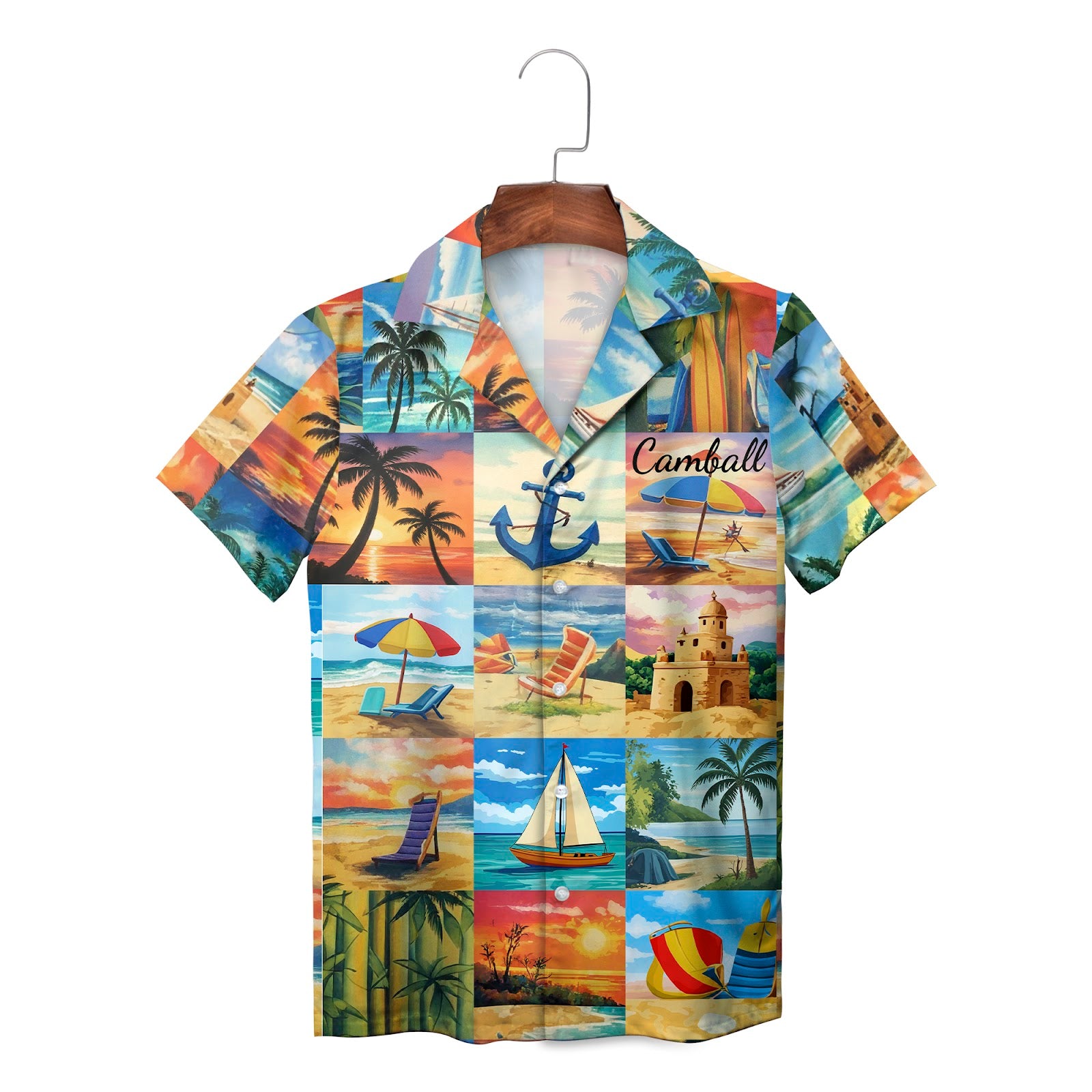 Patchwork beach scene Hawaiian shirt with palms and sailboats