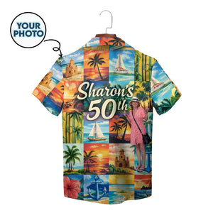 Patchwork beach scene Hawaiian shirt with palms and sailboats variant 2
