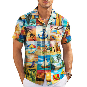 Patchwork beach scene Hawaiian shirt with palms and sailboats variant 3