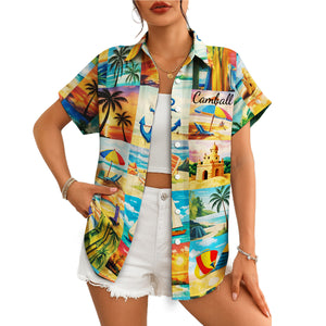 Patchwork beach scene Hawaiian shirt with palms and sailboats variant 4