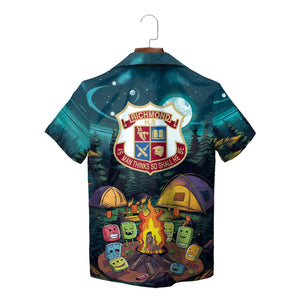 Hawaiian shirt with cartoon marshmallows around campfire in forest variant 3