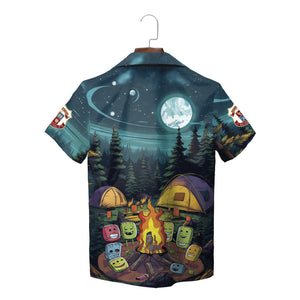 Hawaiian shirt with cartoon marshmallows around campfire in forest variant 4