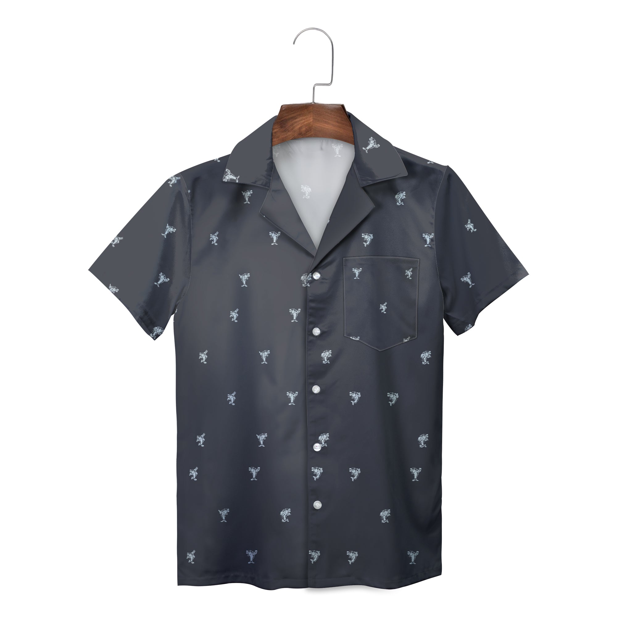 Grey short sleeve Hawaiian shirt with small astronaut pattern