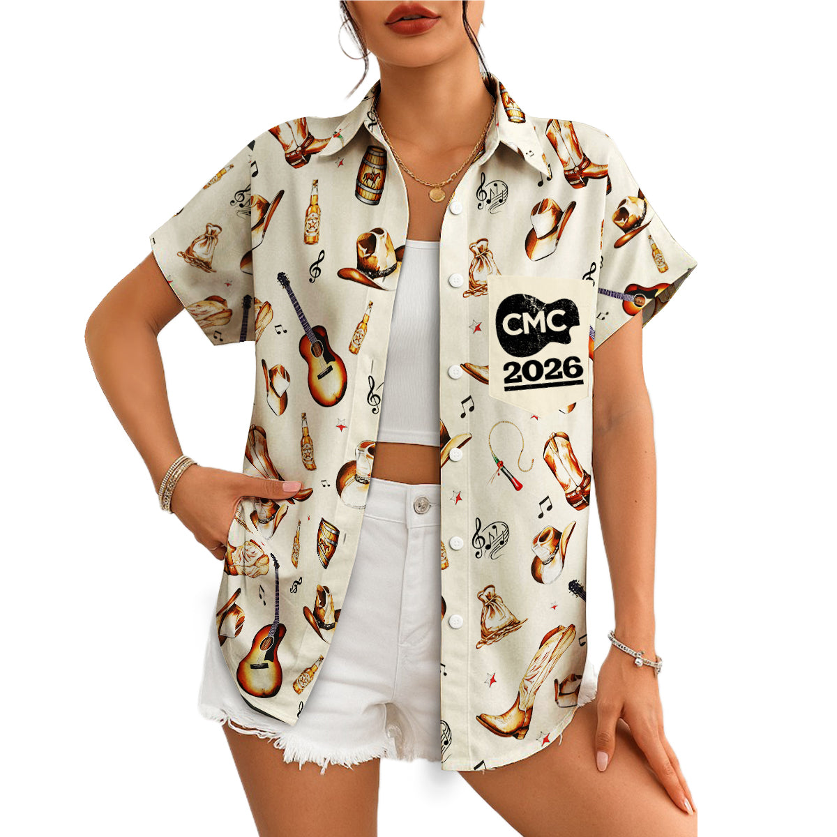 Cream Hawaiian shirt with cowboy hats boots guitars CMC 2026 variant 4