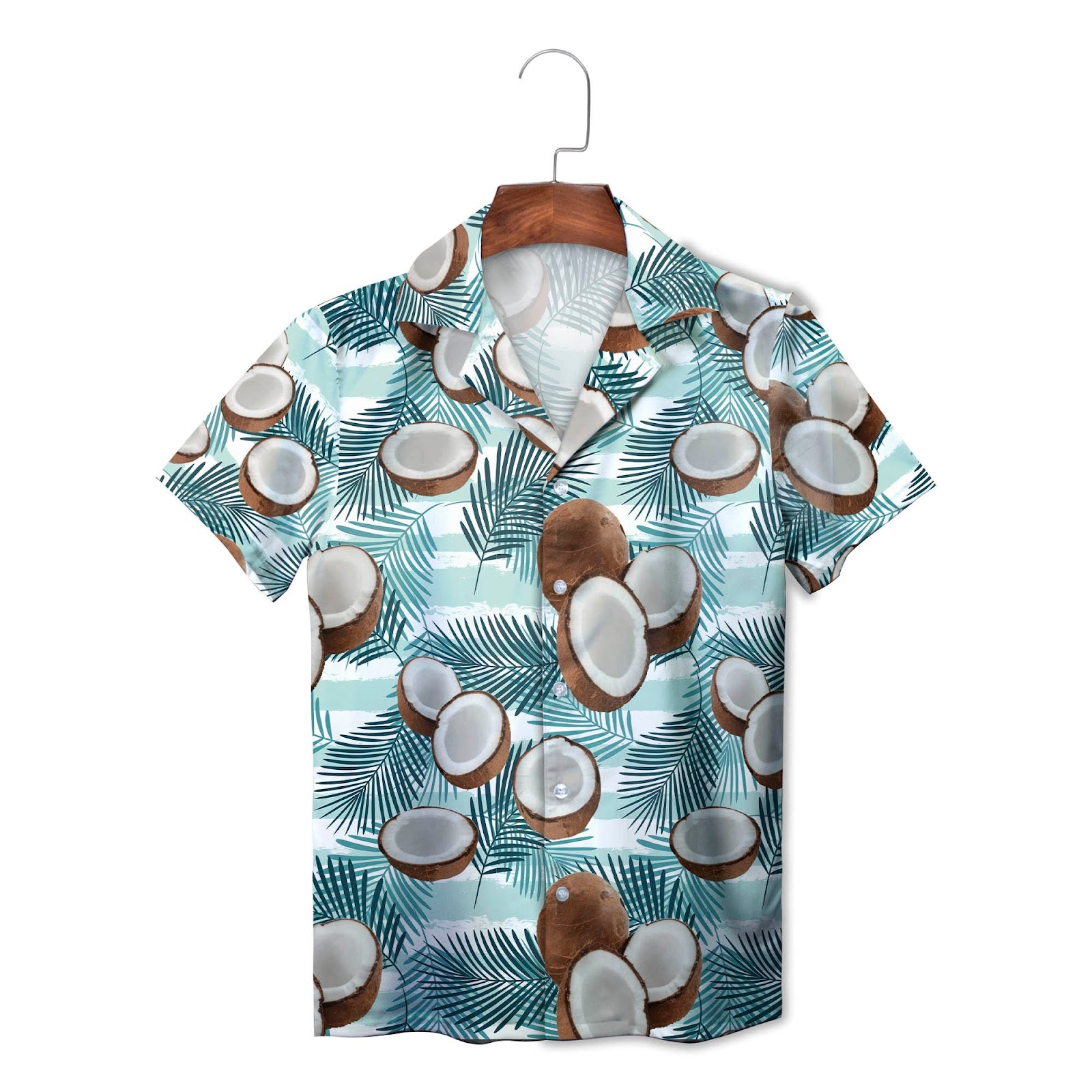 Beach shirt showing cracked coconuts on green ferns