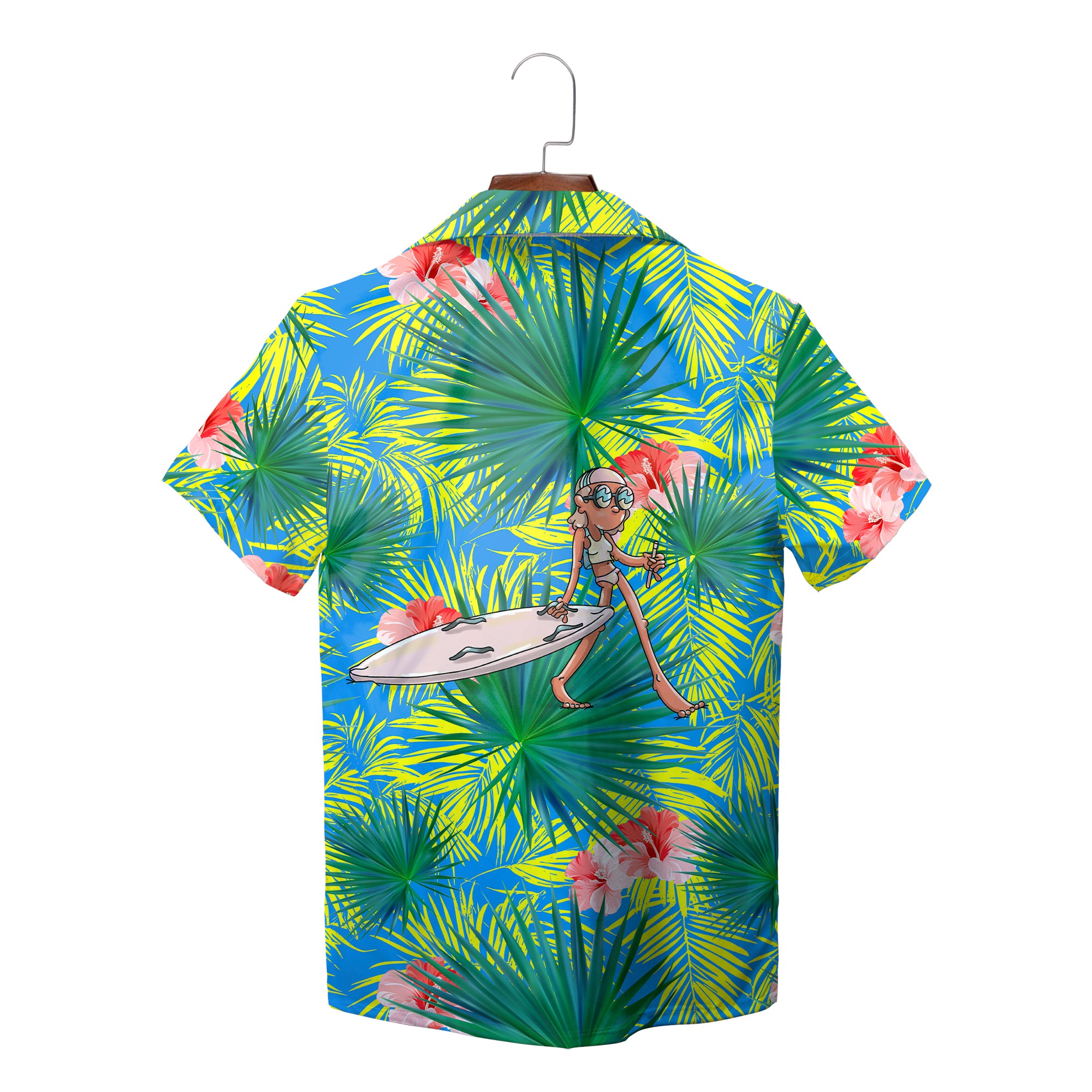 Blue Hawaiian shirt green palm leaves pink flowers surfer art variant 3