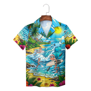 Colourful Hawaiian shirt with cartoon surfing grannies on waves
