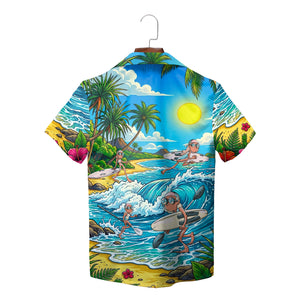 Colourful Hawaiian shirt with cartoon surfing grannies on waves variant 2