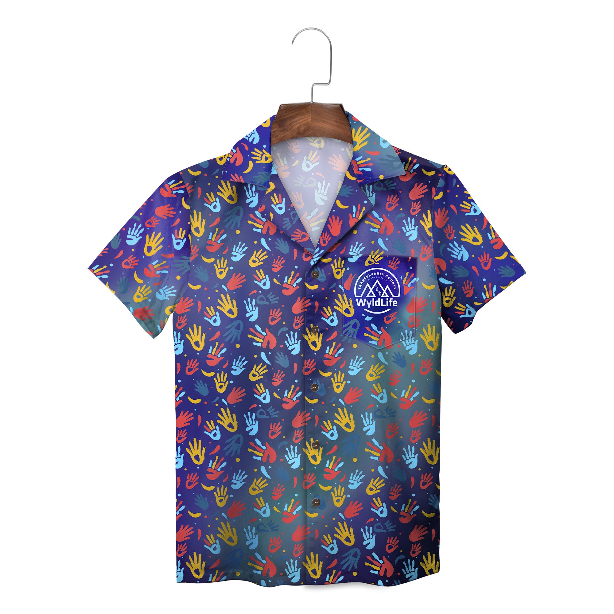 Indigo Hawaiian shirt with scattered colorful handprints on hanger