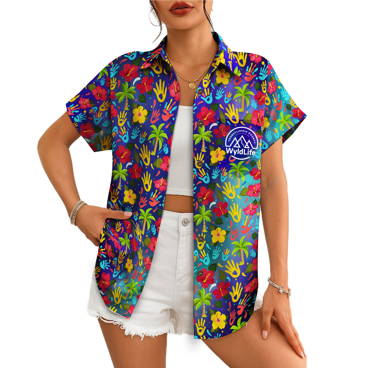 Indigo Hawaiian shirt with scattered colorful handprints on hanger variant 14