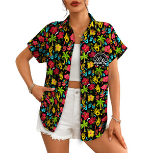 Indigo Hawaiian shirt with scattered colorful handprints on hanger variant 16