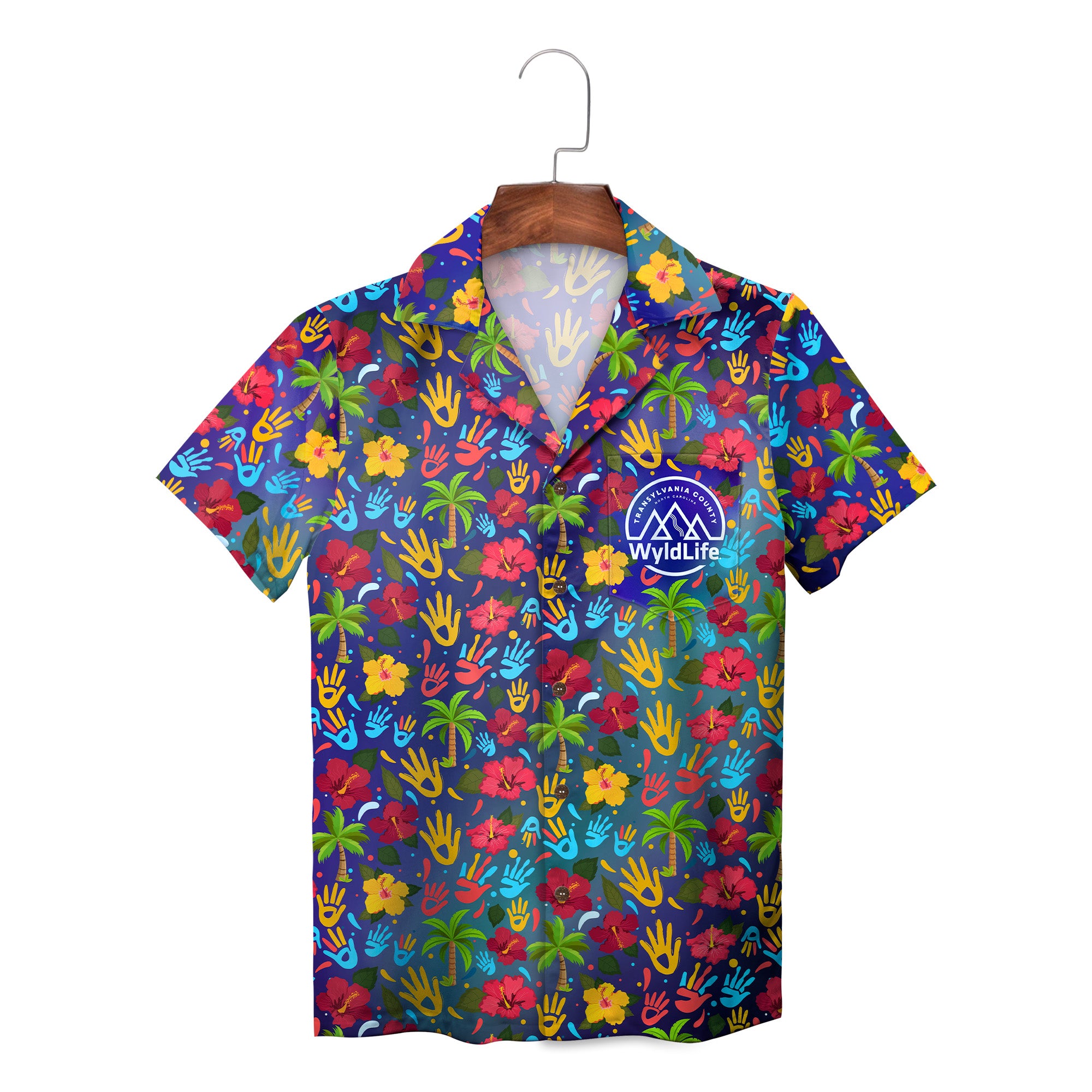 Indigo Hawaiian shirt with scattered colorful handprints on hanger variant 2