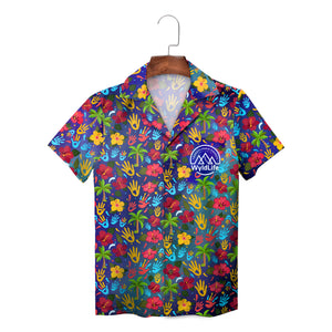 Indigo Hawaiian shirt with scattered colorful handprints on hanger variant 2