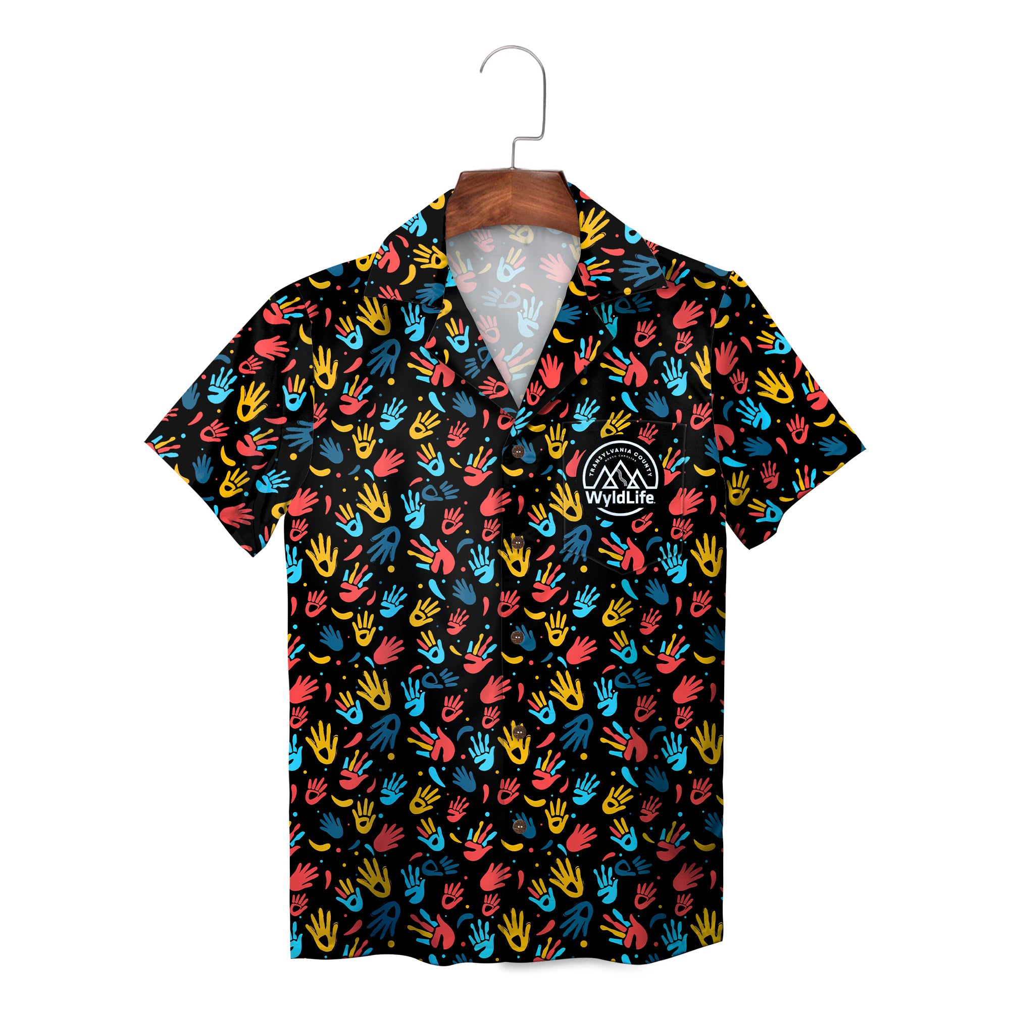 Indigo Hawaiian shirt with scattered colorful handprints on hanger variant 3