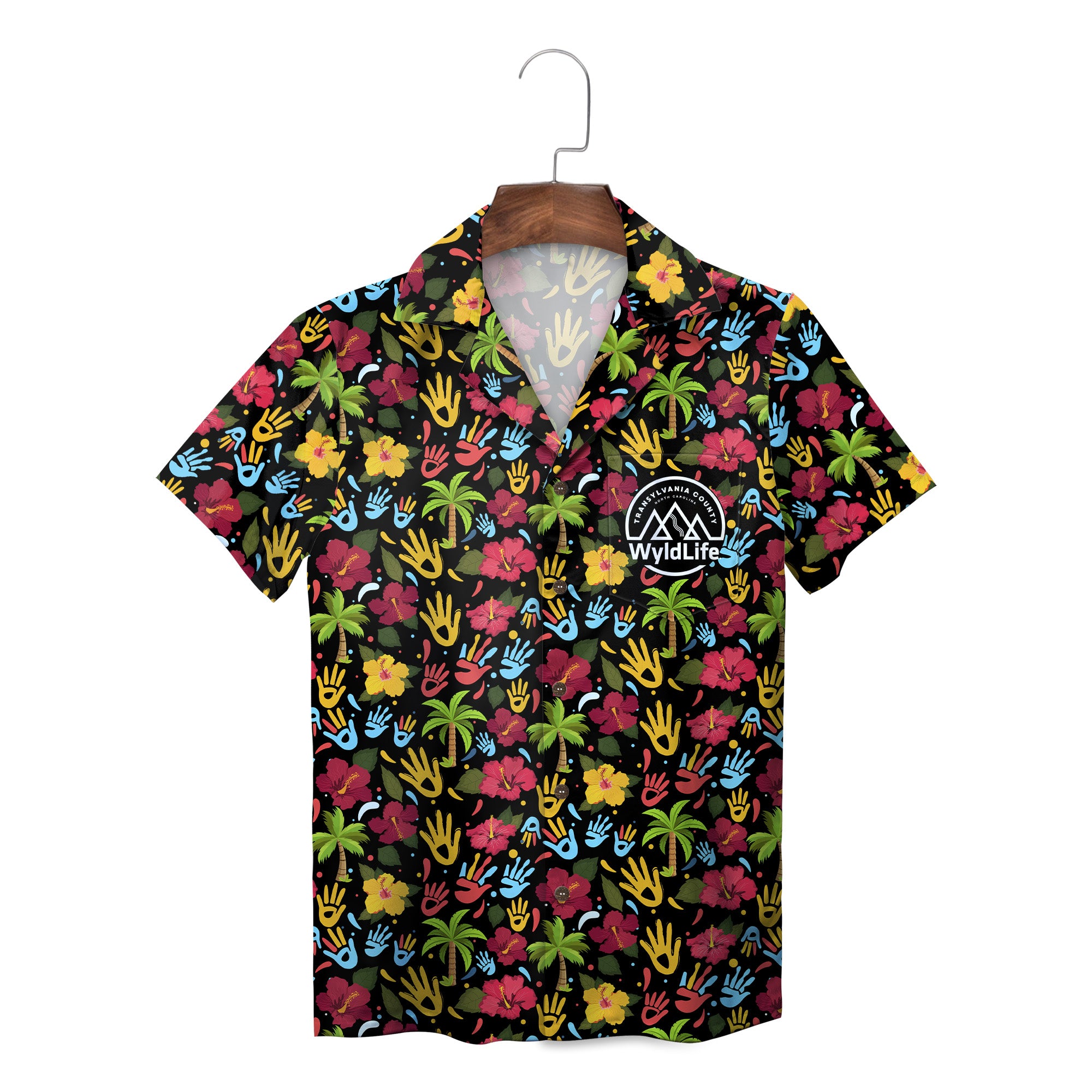 Indigo Hawaiian shirt with scattered colorful handprints on hanger variant 4