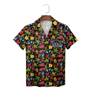 Indigo Hawaiian shirt with scattered colorful handprints on hanger variant 4