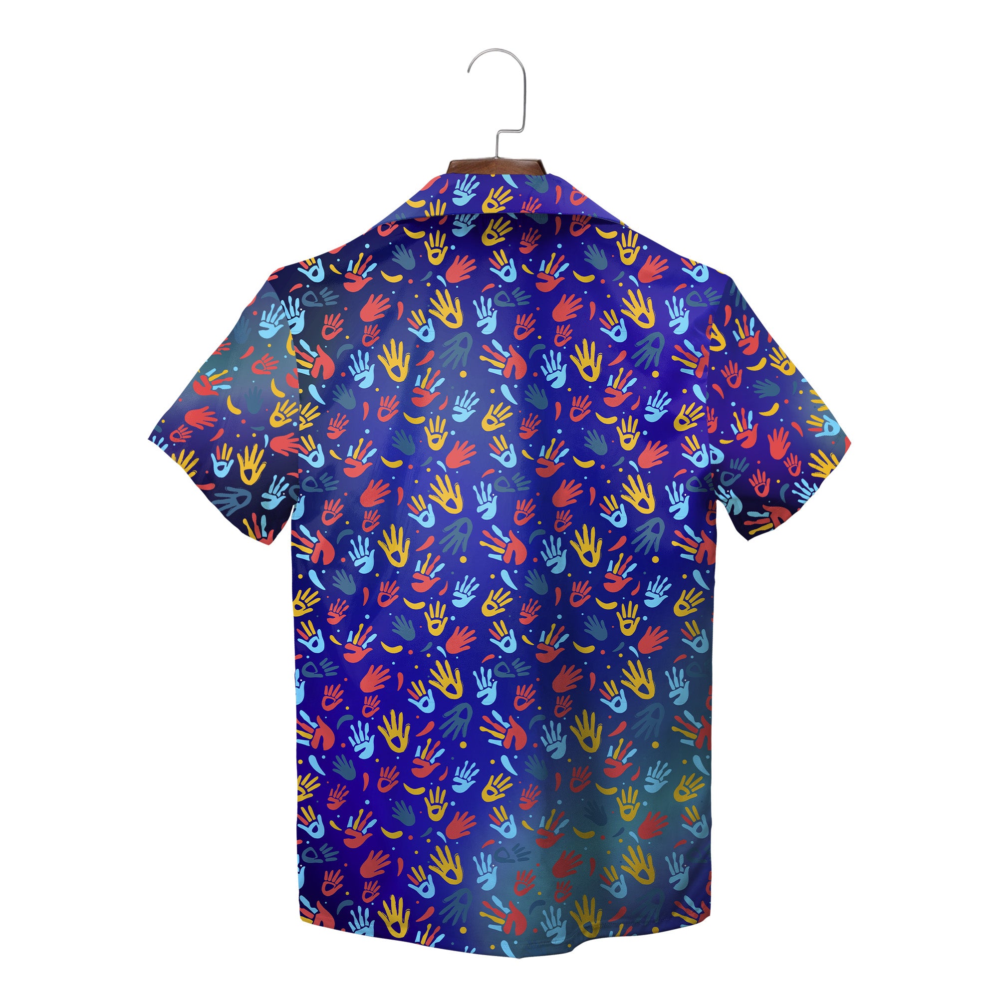 Indigo Hawaiian shirt with scattered colorful handprints on hanger variant 5