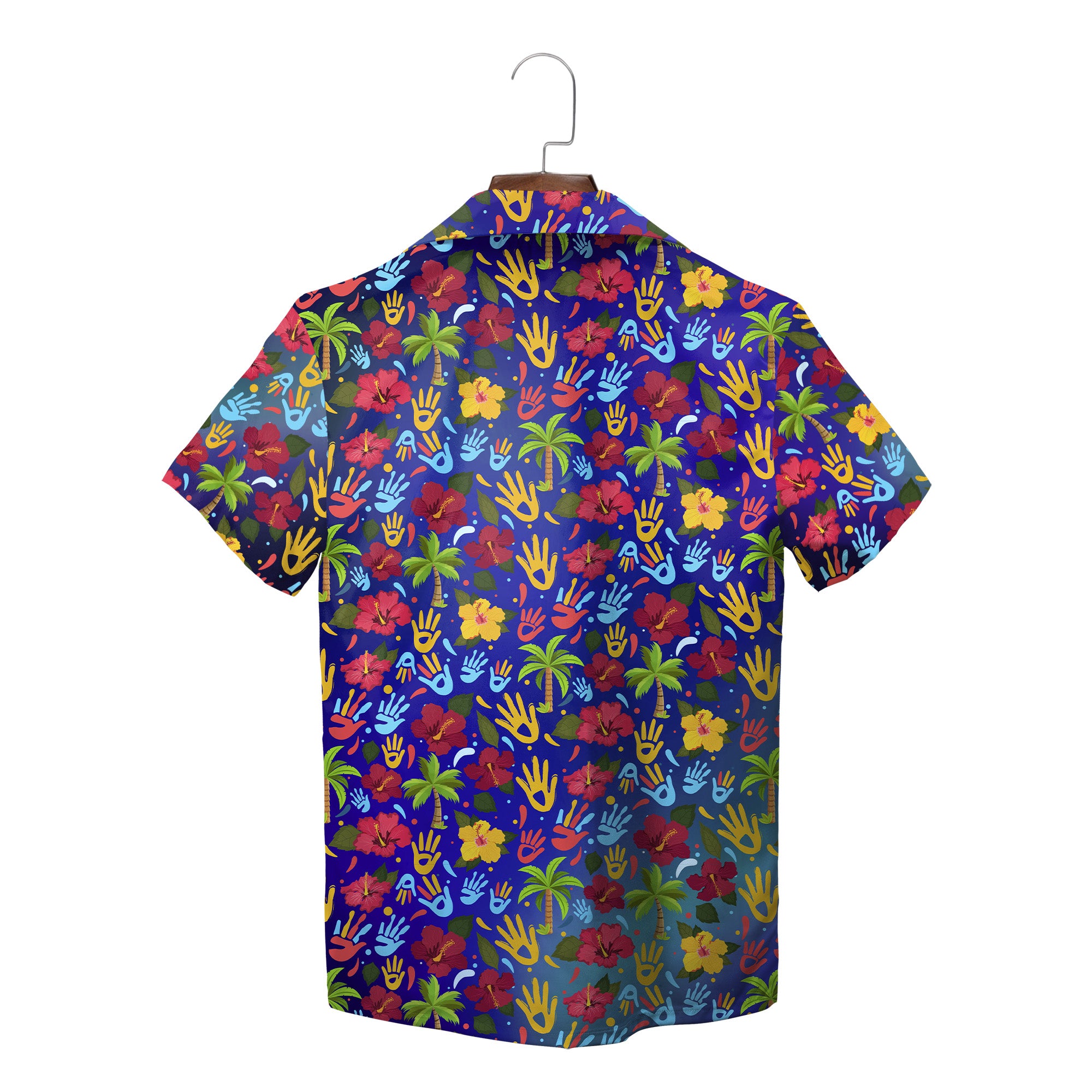 Indigo Hawaiian shirt with scattered colorful handprints on hanger variant 6