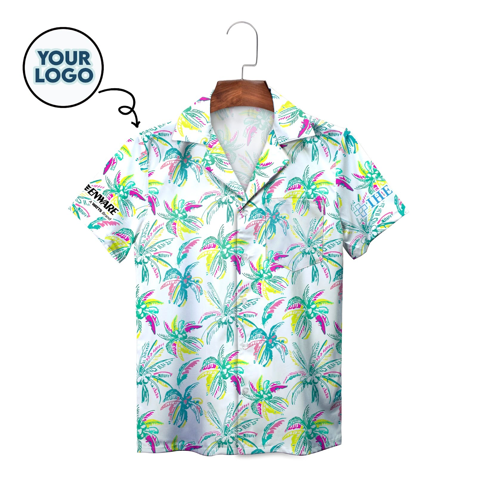 White Hawaiian shirt with colourful sketched palm tree pattern