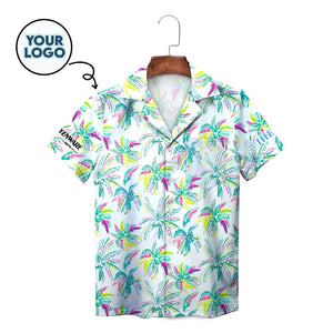 White Hawaiian shirt with colourful sketched palm tree pattern