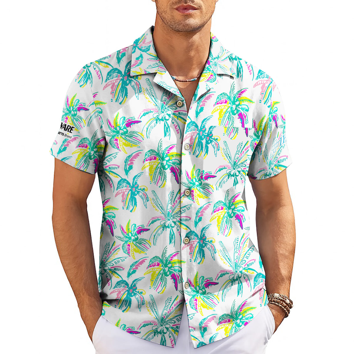 White Hawaiian shirt with colourful sketched palm tree pattern variant 3