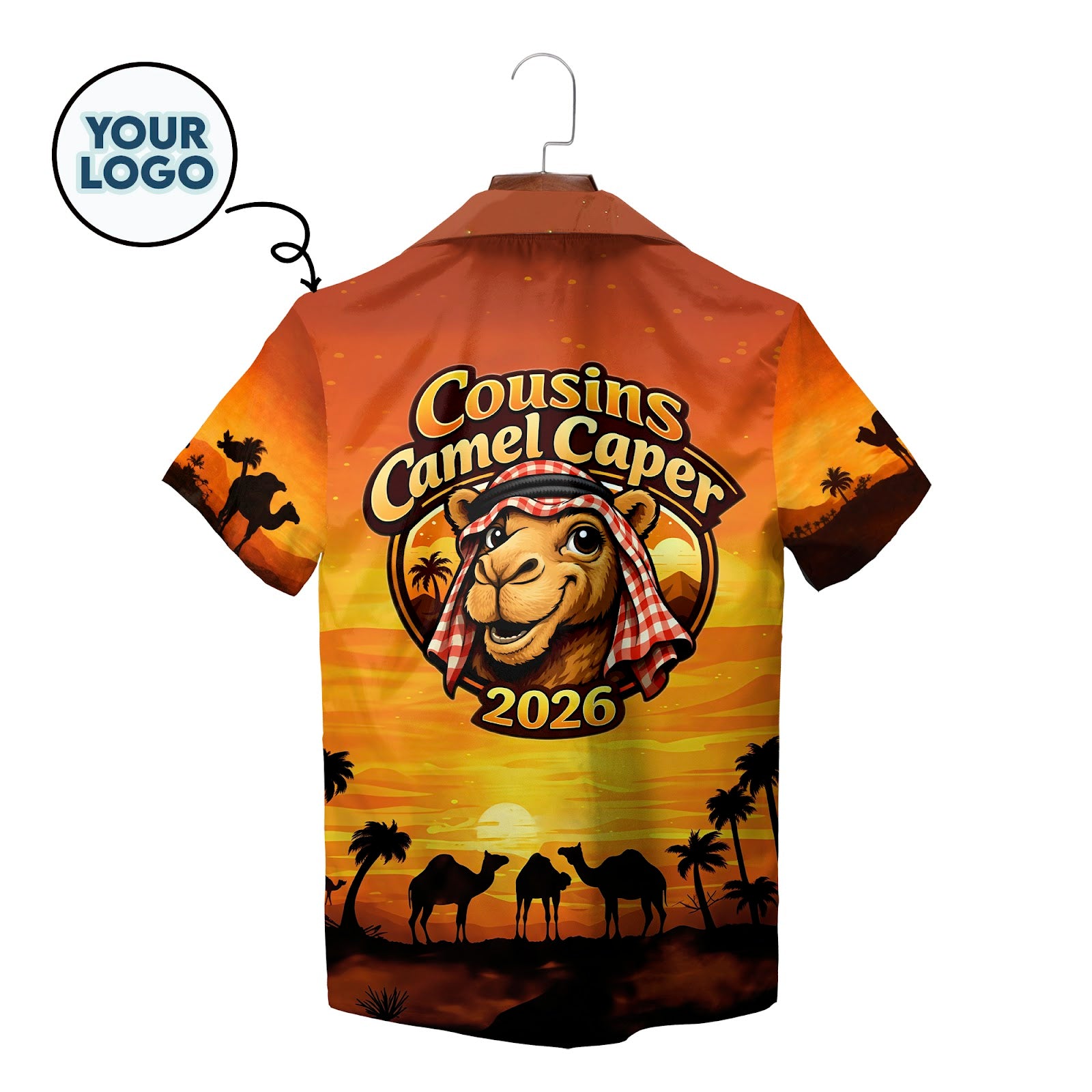 Orange sunset desert scene Hawaiian shirt with camel silhouettes variant 2