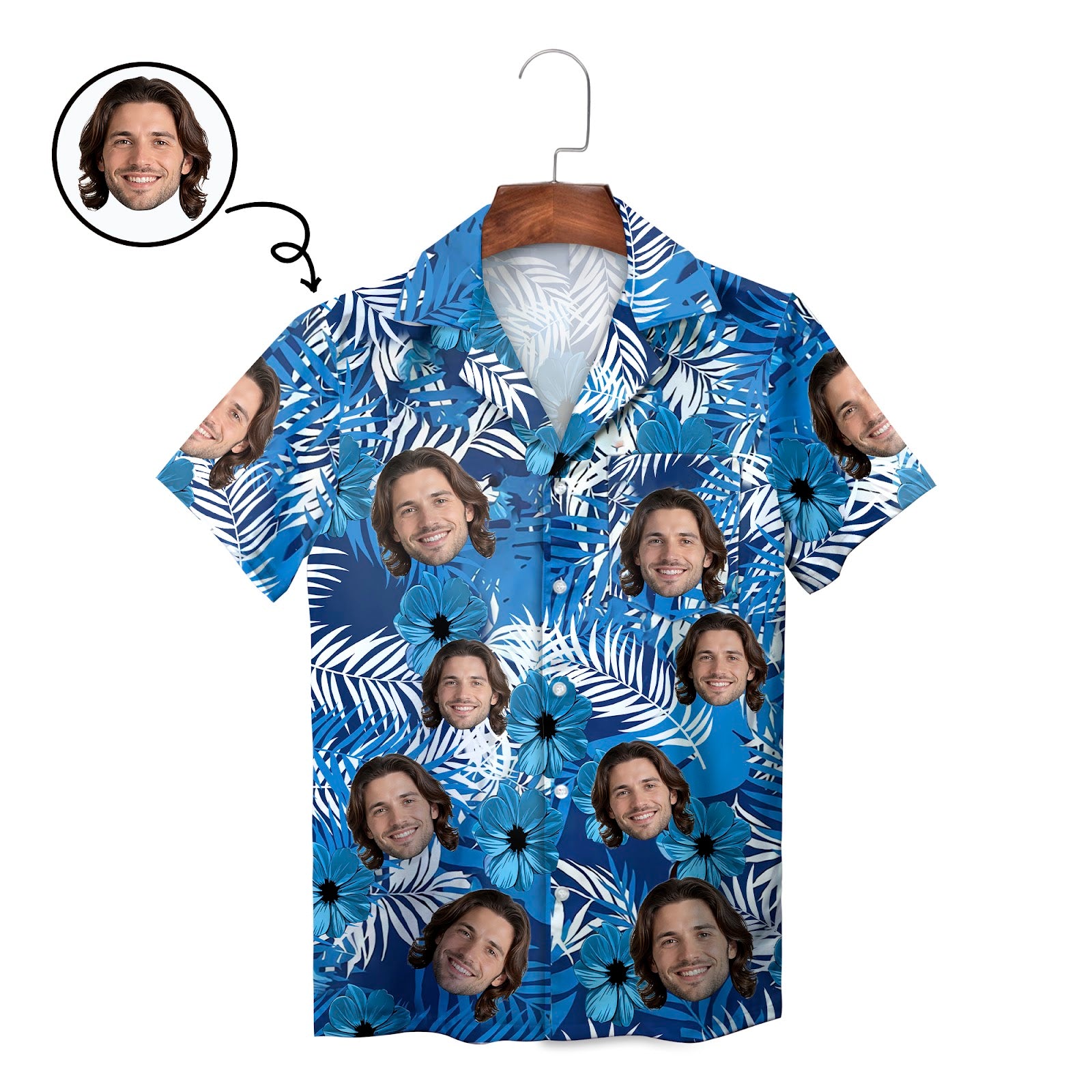 Blue palm leaf hibiscus Hawaiian shirt with custom face print