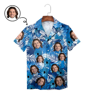 Blue palm leaf hibiscus Hawaiian shirt with custom face print