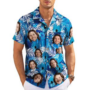 Blue palm leaf hibiscus Hawaiian shirt with custom face print variant 6